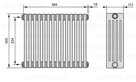 Схема (чертеж) Радиатор Zehnder Charleston 5090/14 №1270 Белый глянцевый RAL 9016